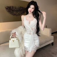 Lace Cami Deep V Leather Skirt Set