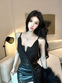 Lace Cami Deep V Leather Skirt Set