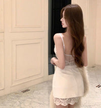 Lace Cami Deep V Leather Skirt Set