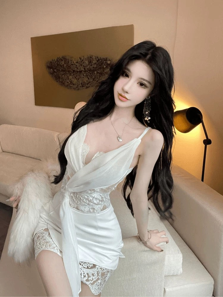 Lace Cami Deep V Leather Skirt Set