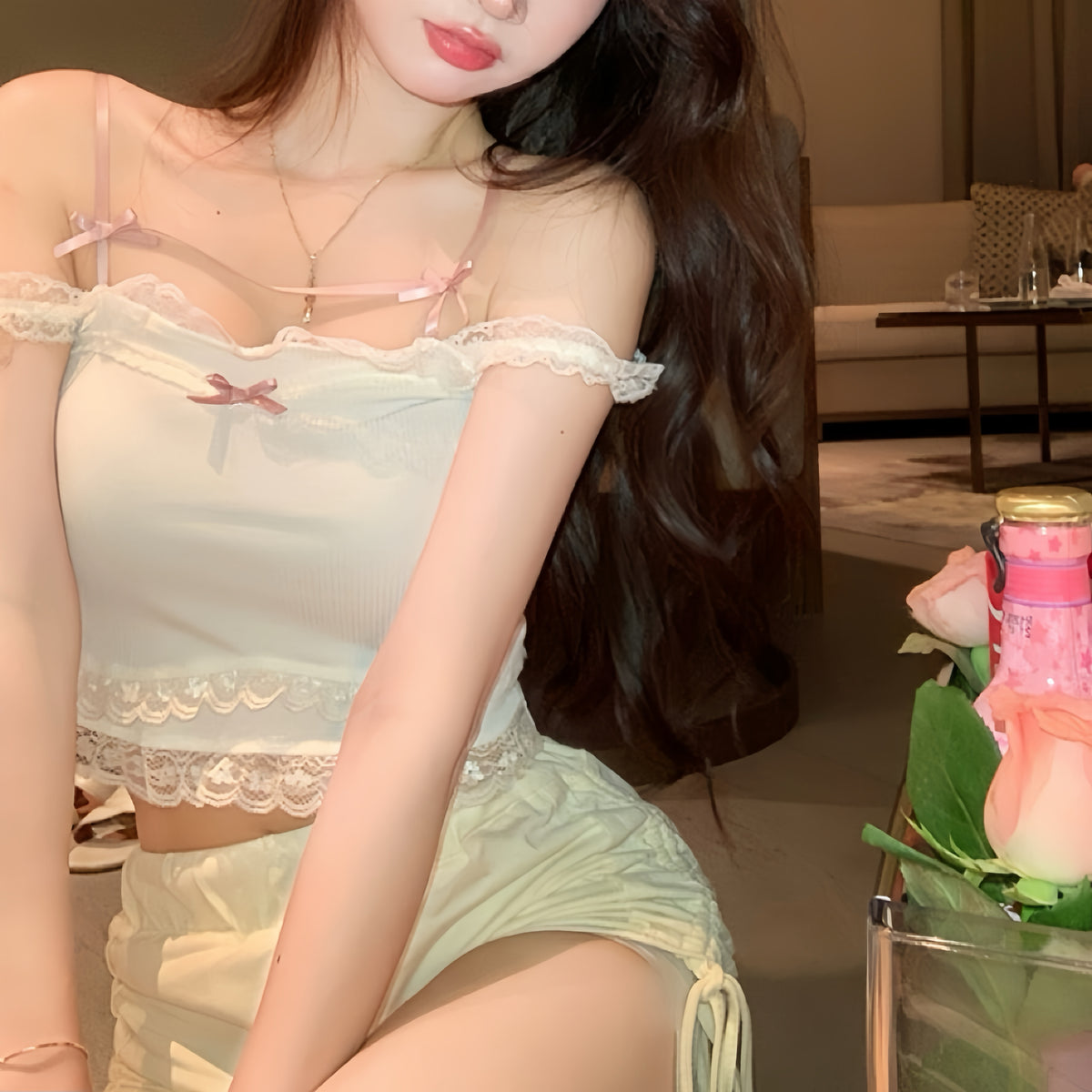 Champagne Pink Camisole Bowknot Cute Girl Tank Top