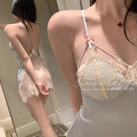 Elegant Lace Deep V Open Back Silk Nightdress