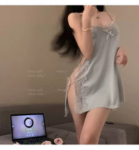 Bowknot Lace Trim High Slit Straps Silk Nightdress