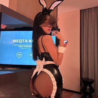Side view of black leather bunny suit