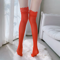 Classic Sheer Lace Trim Stockings in Red