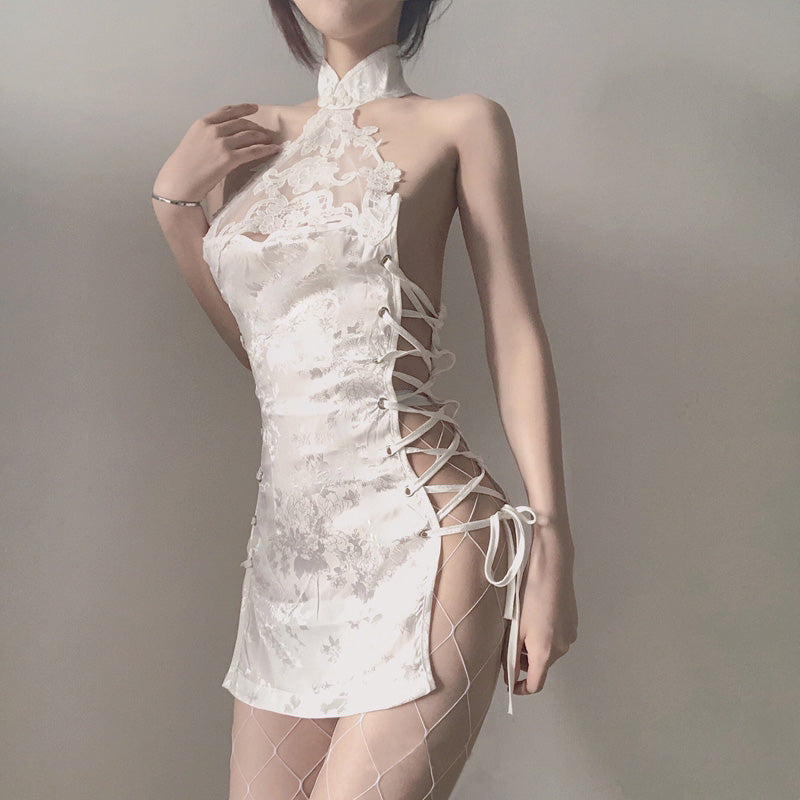 Floral High Silt Criss Cross Lace Cheongsam