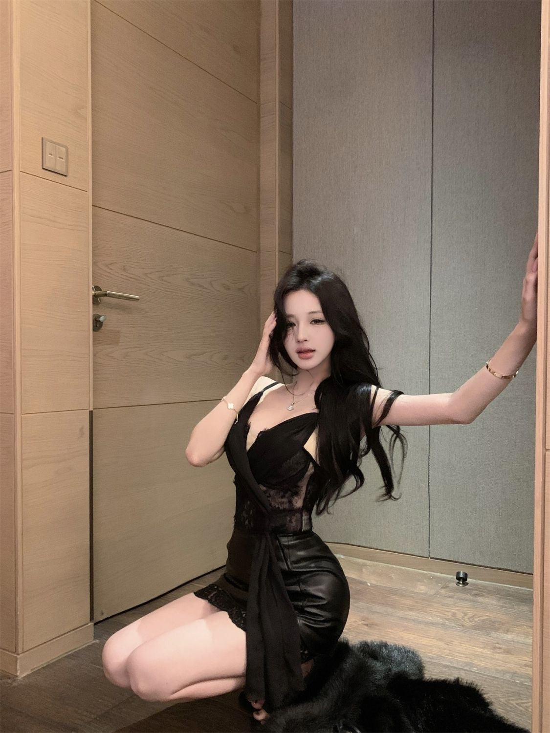 Lace Cami Deep V Leather Skirt Set