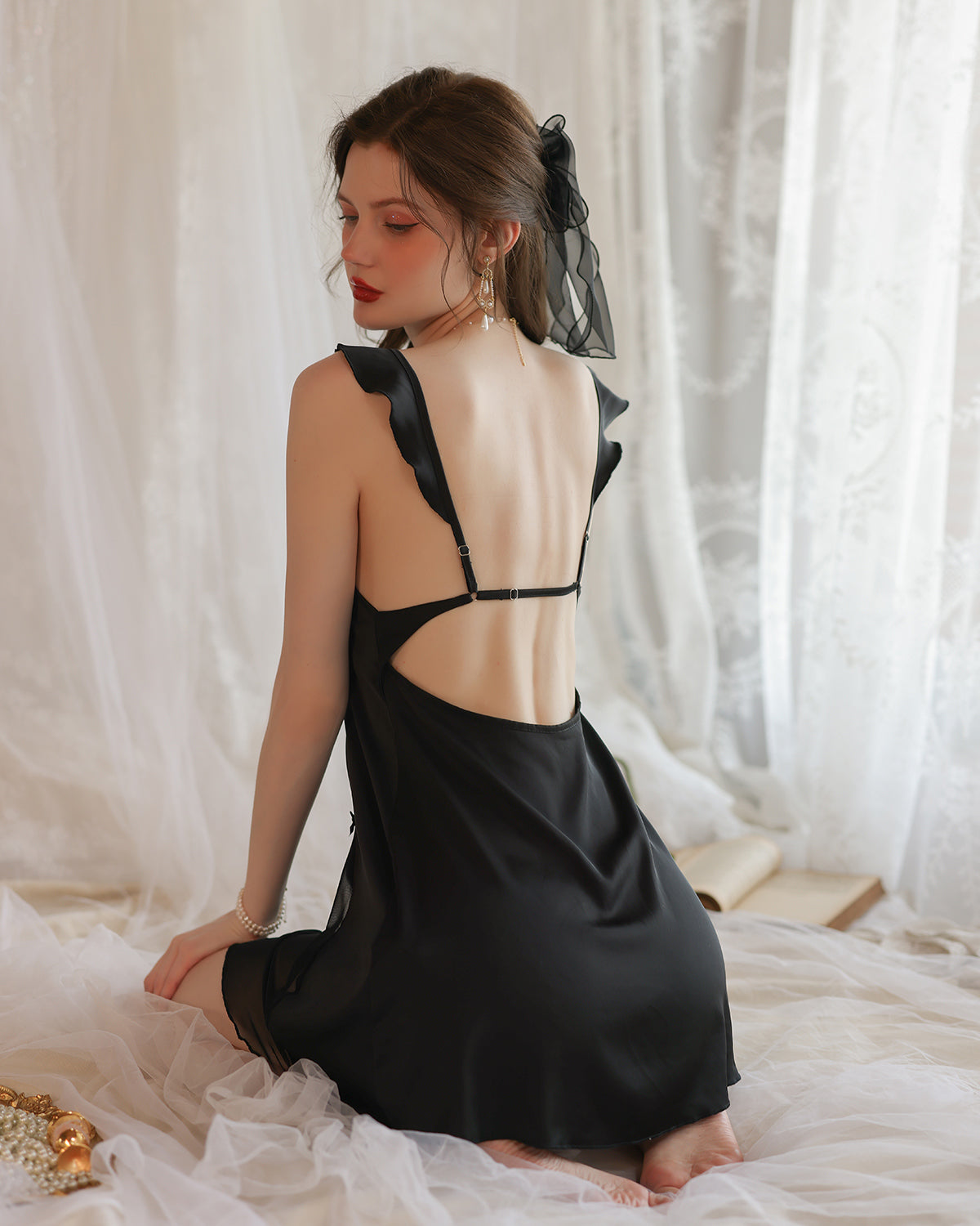 Lace Sheer Backless Camisole Dress Set