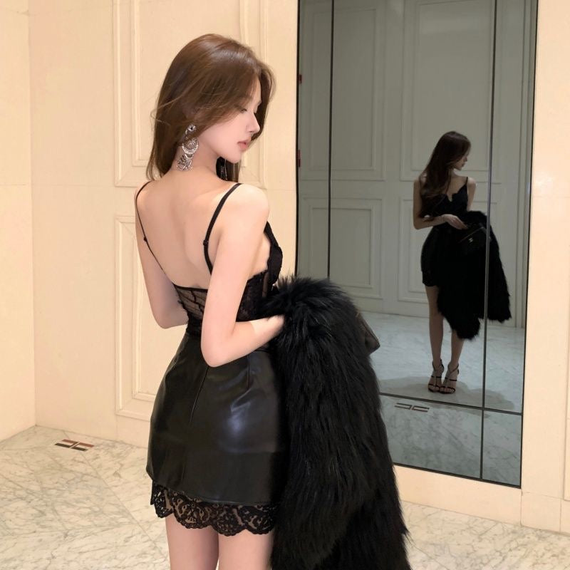 Lace Cami Deep V Leather Skirt Set