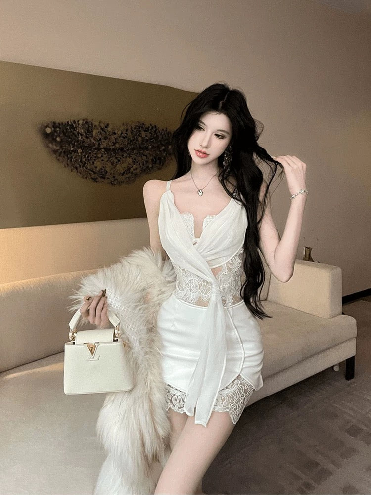 Lace Cami Deep V Leather Skirt Set