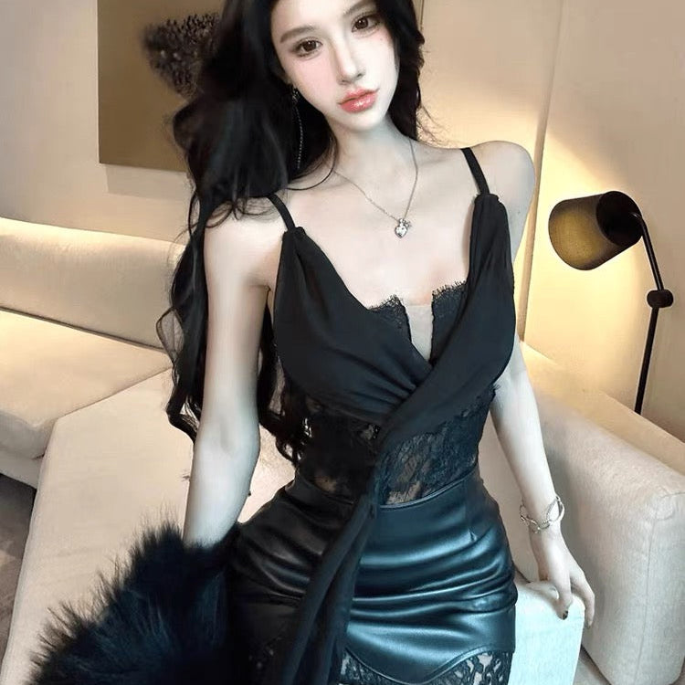 Lace Cami Deep V Leather Skirt Set