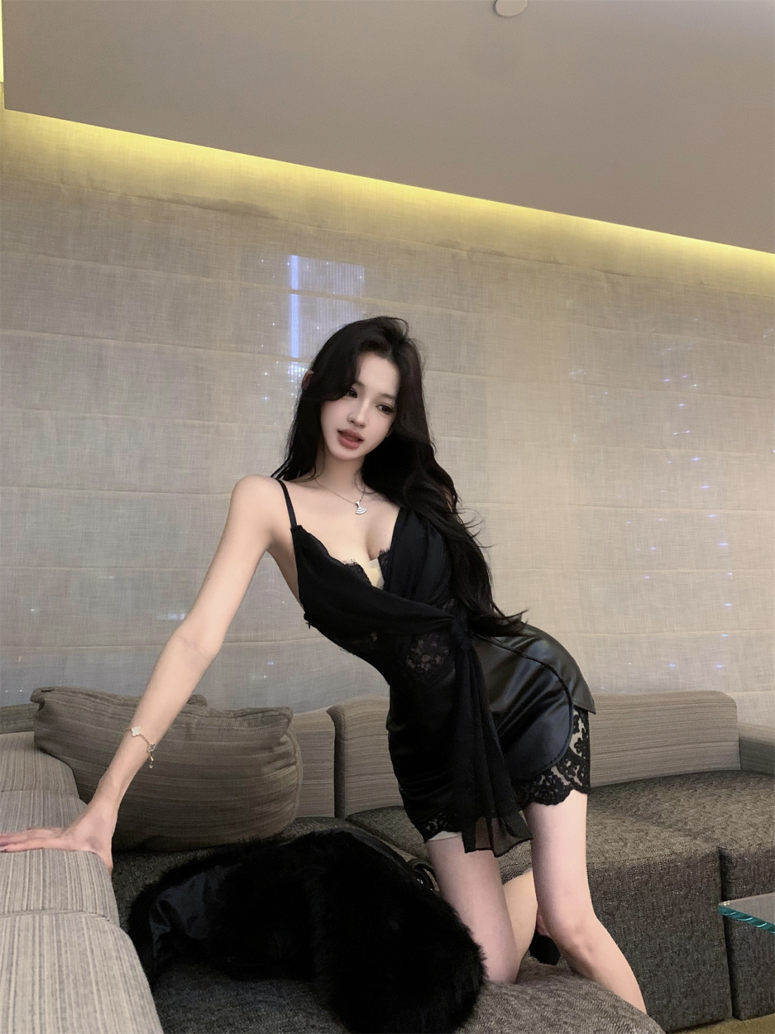 Lace Cami Deep V Leather Skirt Set