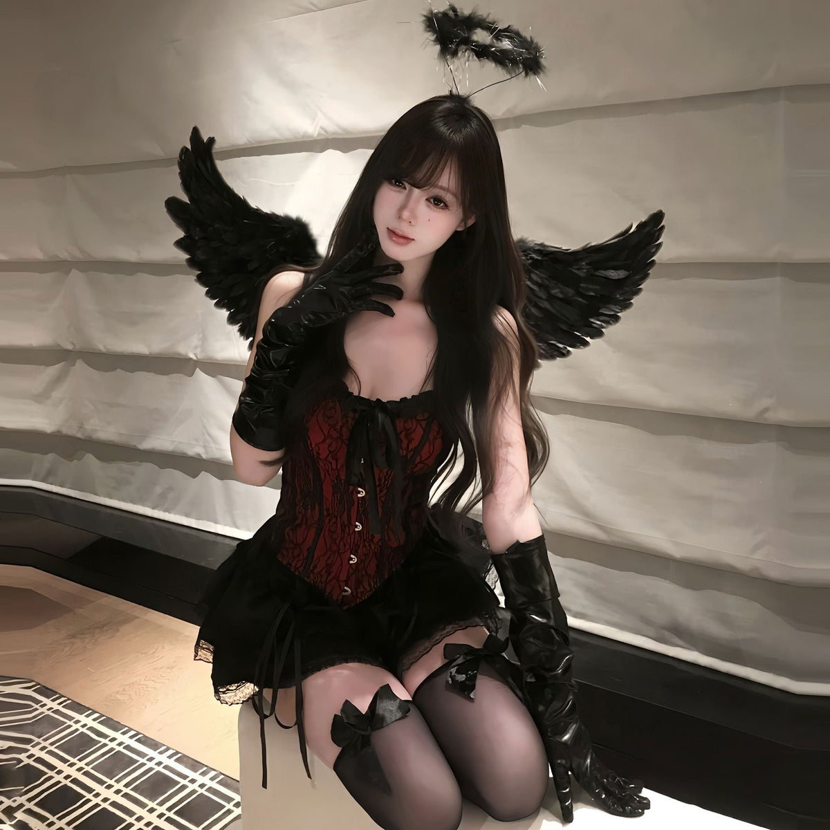 Fallen Angel 6-Piece Costume Set with Corset, Skirt, Wings, Halo, Gloves & Stocking