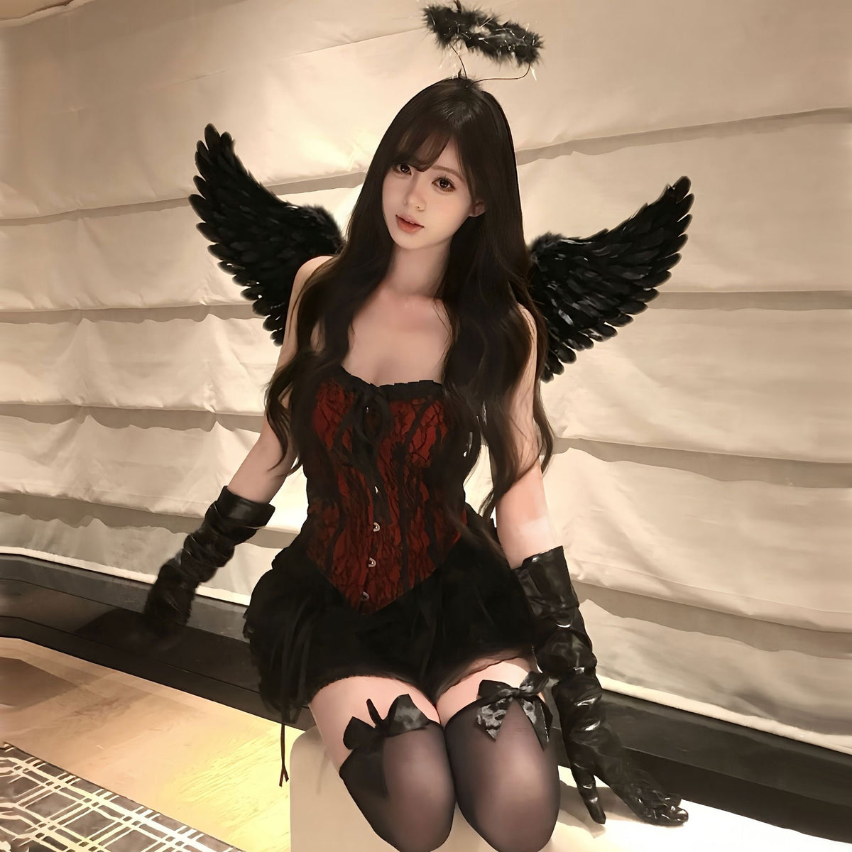 Fallen Angel 6-Piece Costume Set with Corset, Skirt, Wings, Halo, Gloves & Stocking