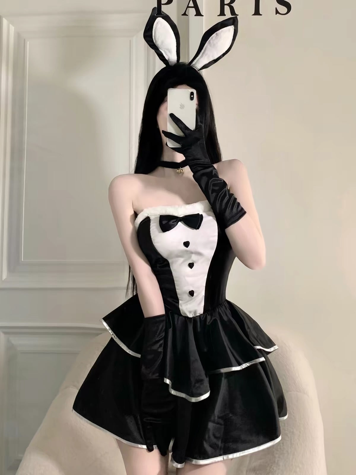 Black & White Bunny Dress 4-Piece Set with Bunny Ears, Bell Choker & Gloves