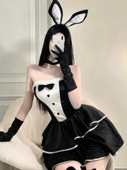Black & White Bunny Dress 4-Piece Set with Bunny Ears, Bell Choker & Gloves