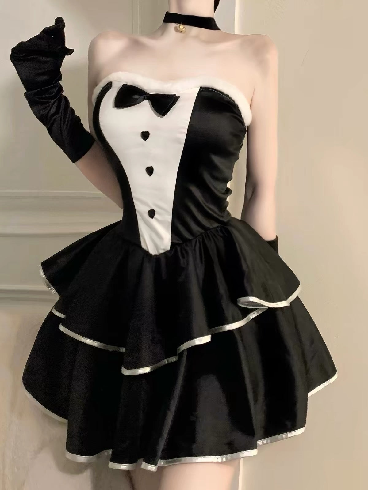 Black & White Bunny Dress 4-Piece Set with Bunny Ears, Bell Choker & Gloves