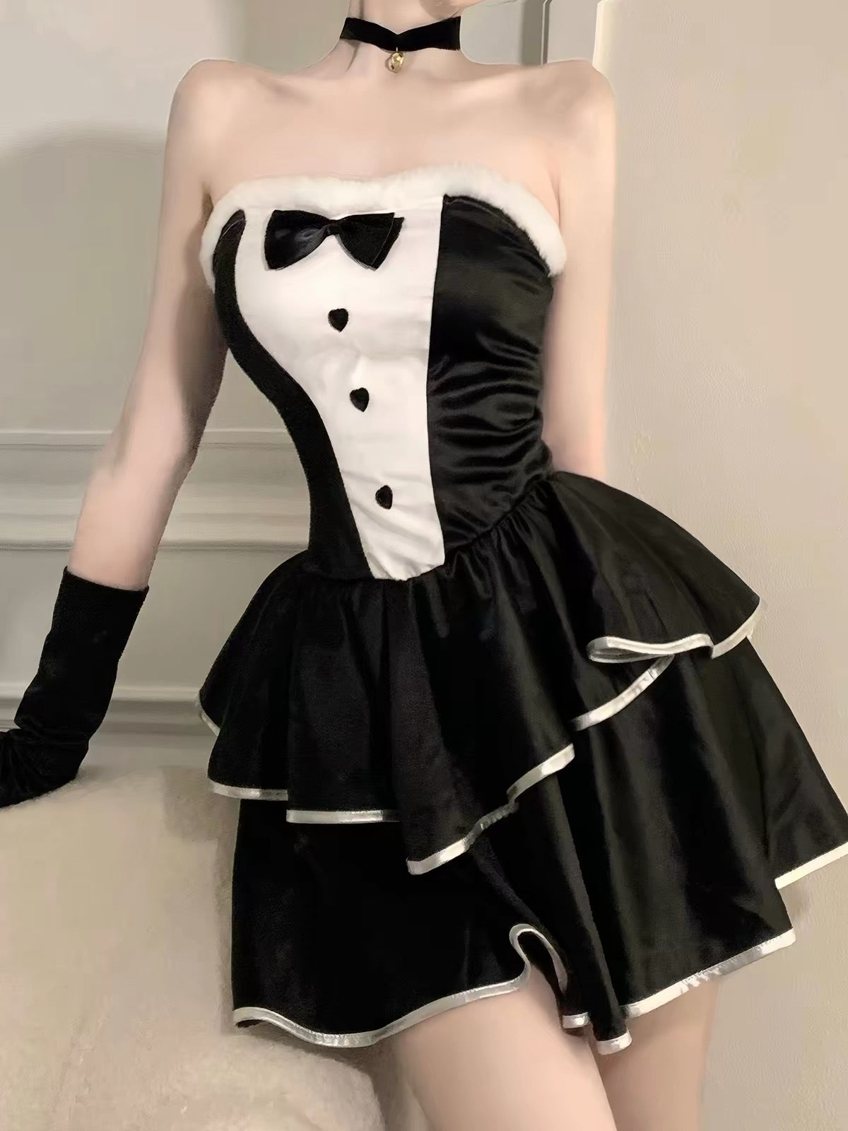 Black & White Bunny Dress 4-Piece Set with Bunny Ears, Bell Choker & Gloves