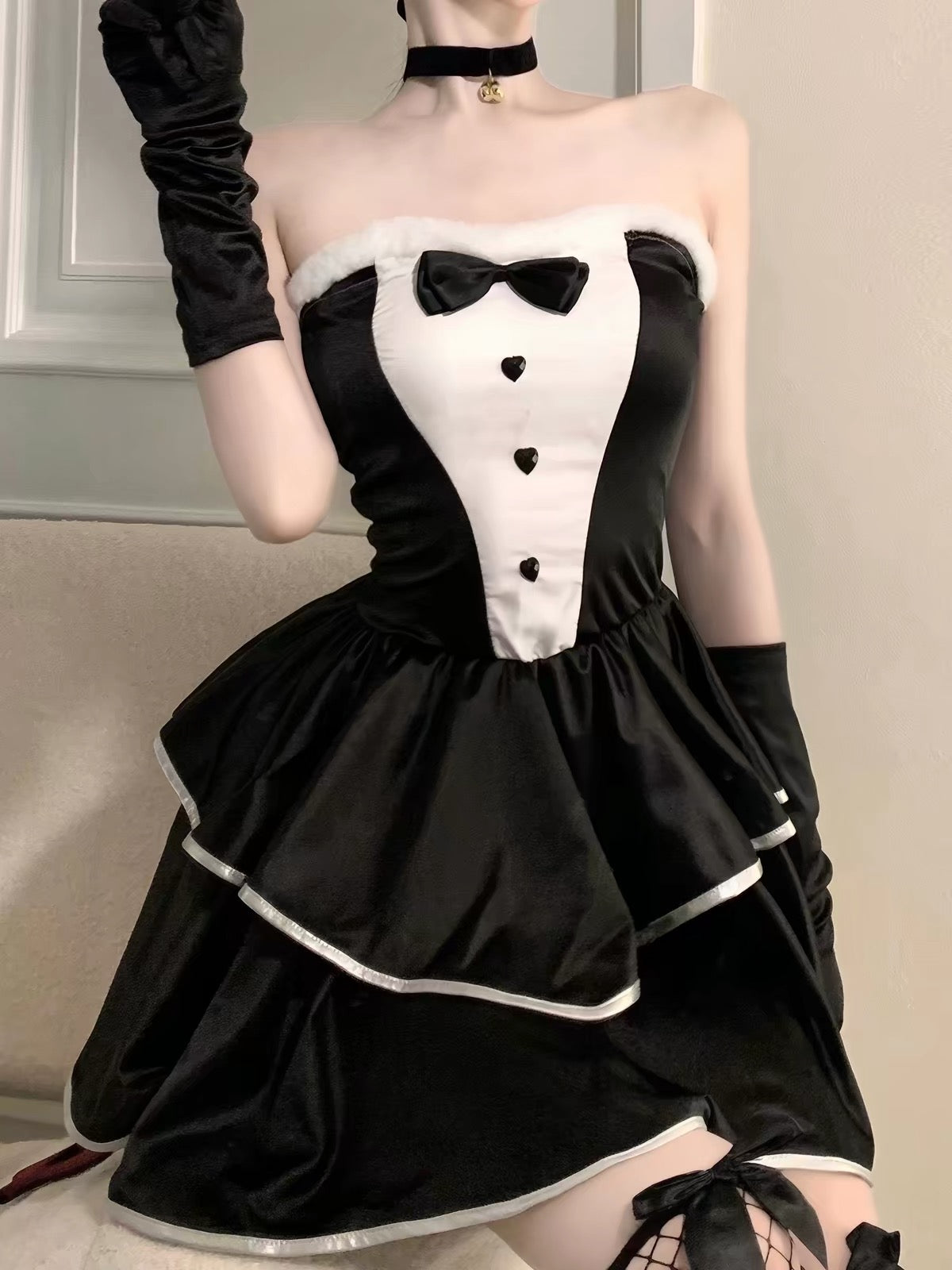 Black & White Bunny Dress 4-Piece Set with Bunny Ears, Bell Choker & Gloves