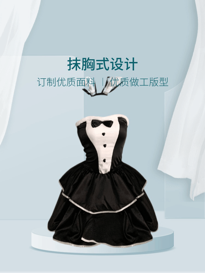Black & White Bunny Dress 4-Piece Set with Bunny Ears, Bell Choker & Gloves