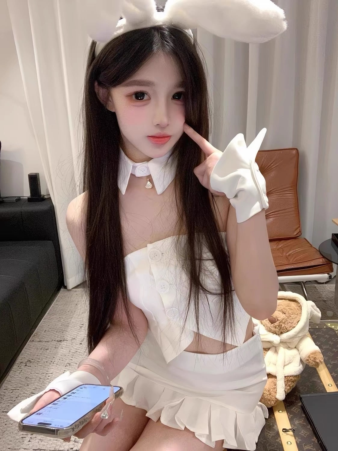 White Bunny Girl Costume Set with Mini Skirt, Bunny Ears & Accessories
