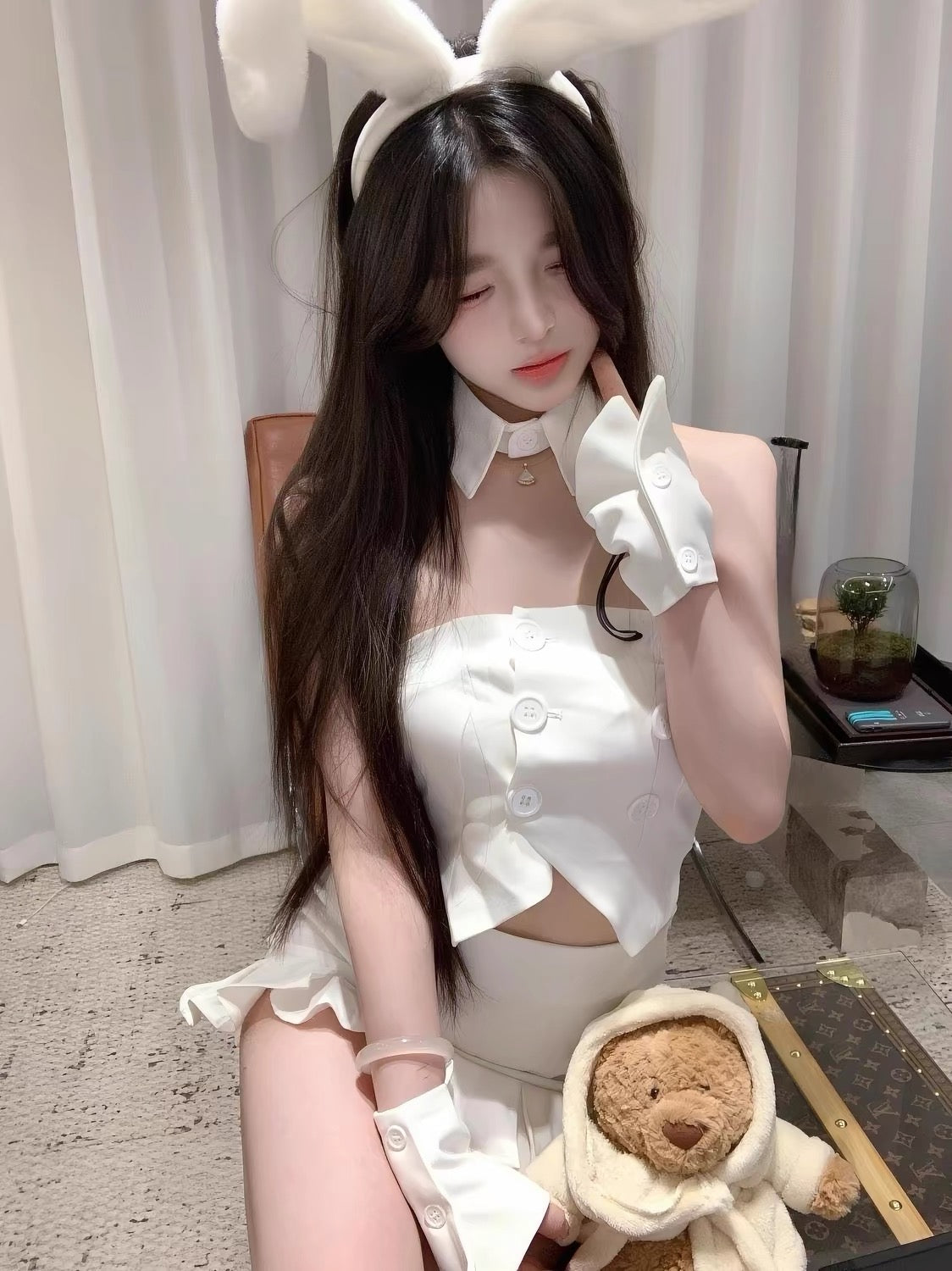 White Bunny Girl Costume Set with Mini Skirt, Bunny Ears & Accessories