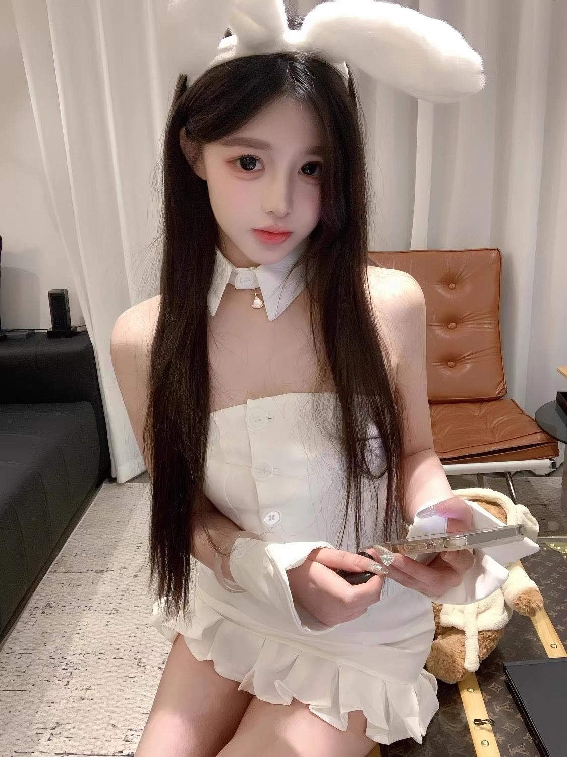 White Bunny Girl Costume Set with Mini Skirt, Bunny Ears & Accessories