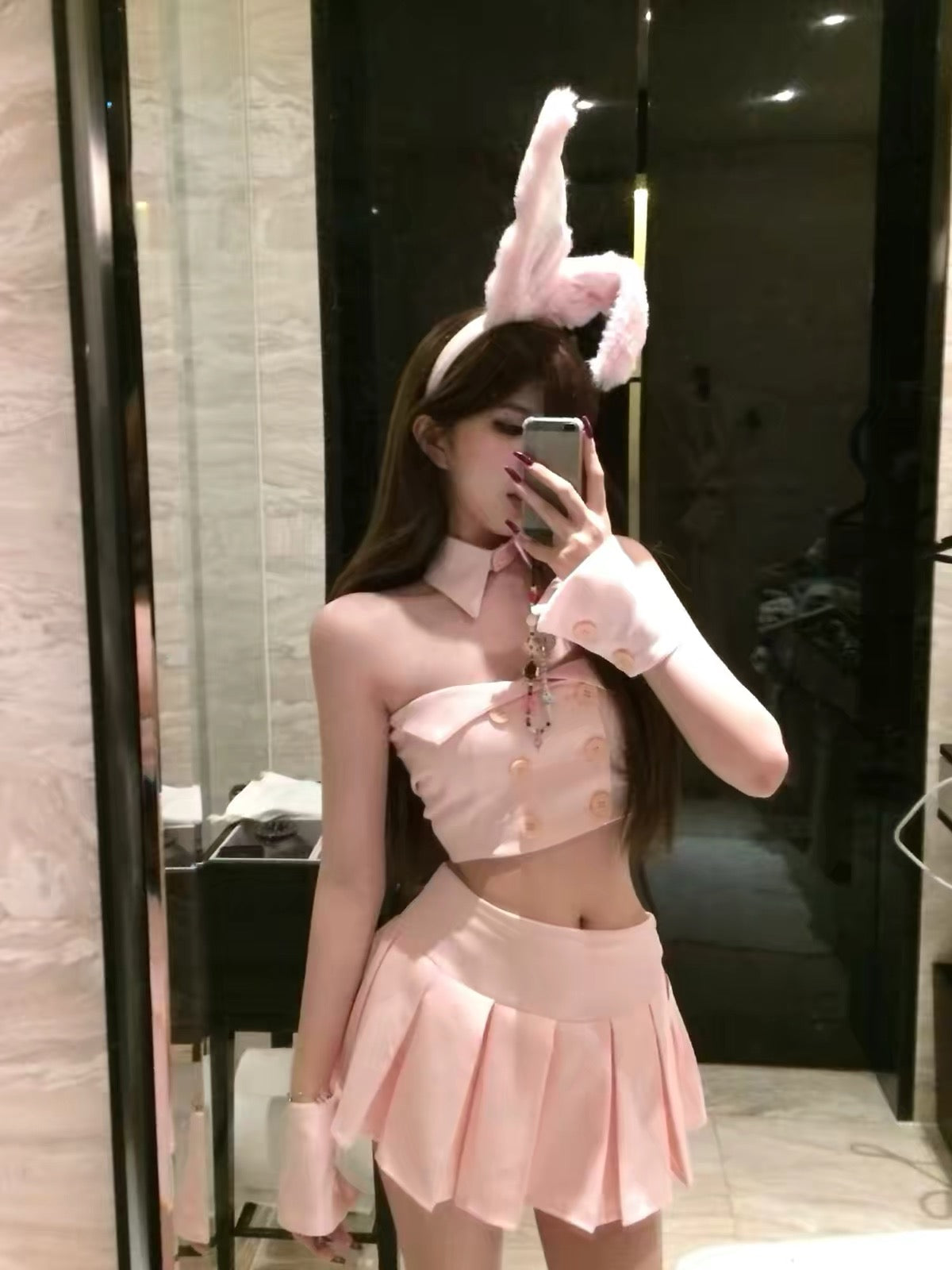 White Bunny Girl Costume Set with Mini Skirt, Bunny Ears & Accessories