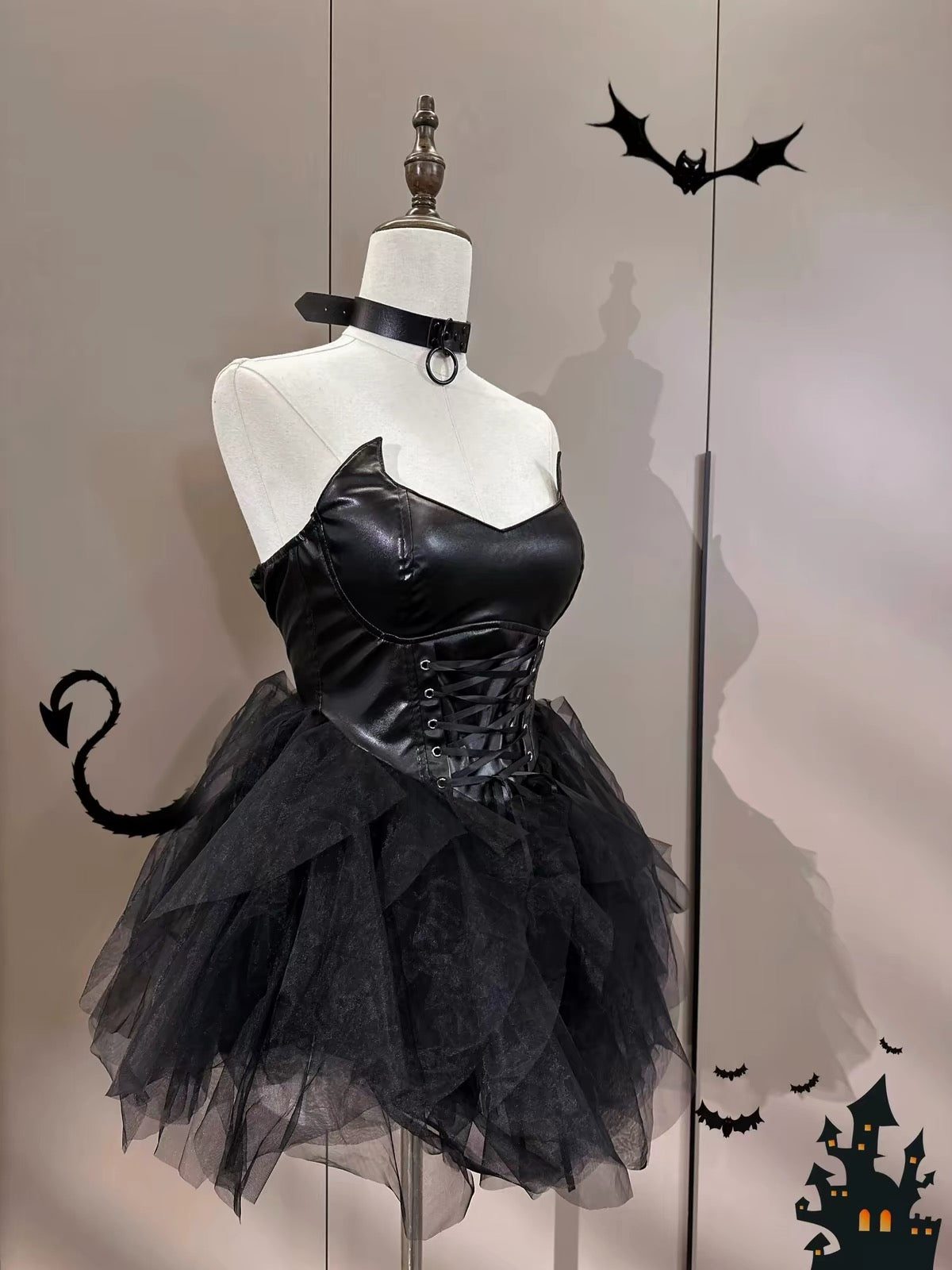 Black Devil-Inspired 5-Piece Set with Headband, Top, Skirt, Wand & Choker