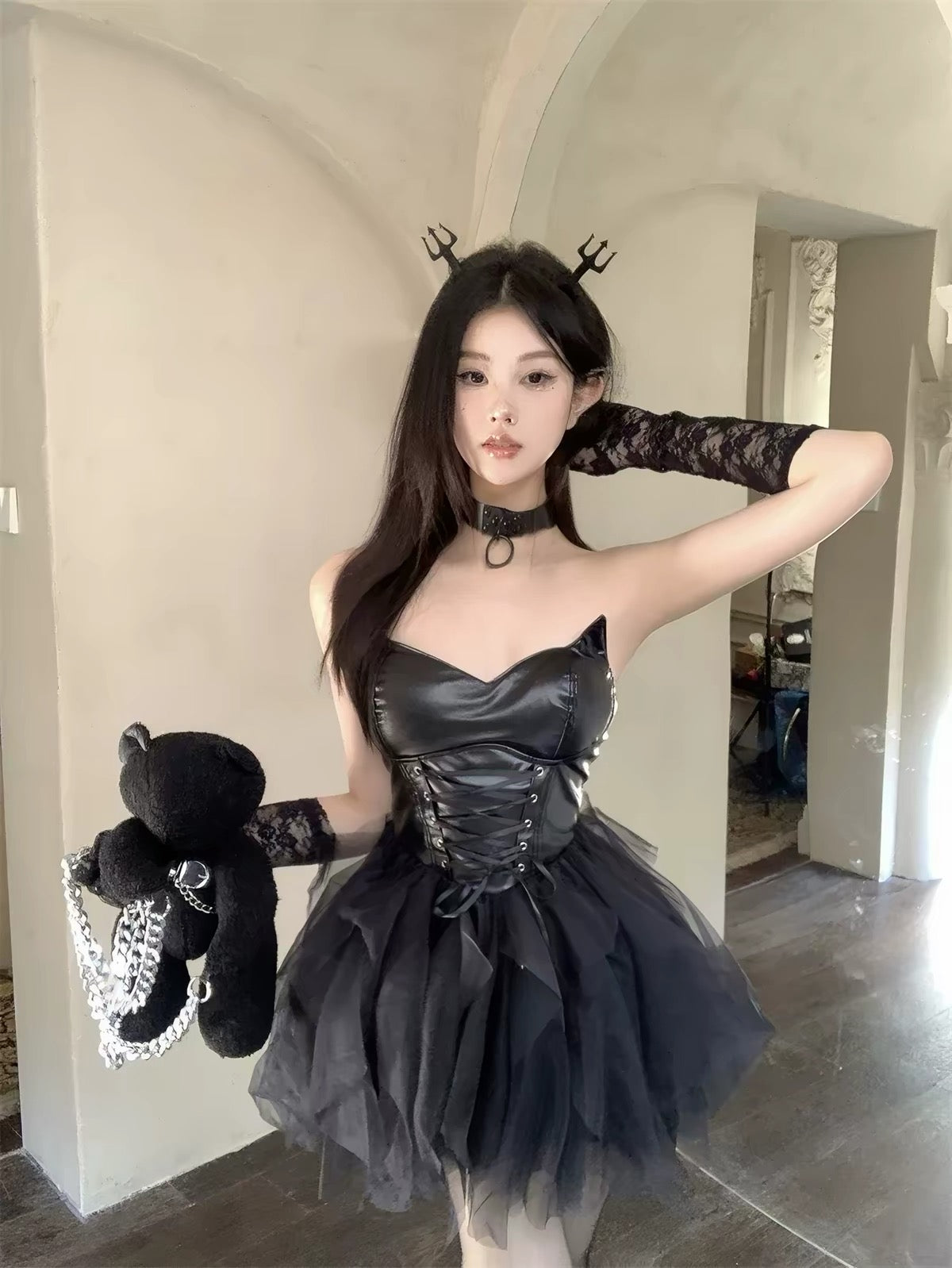 Black Devil-Inspired 5-Piece Set with Headband, Top, Skirt, Wand & Choker