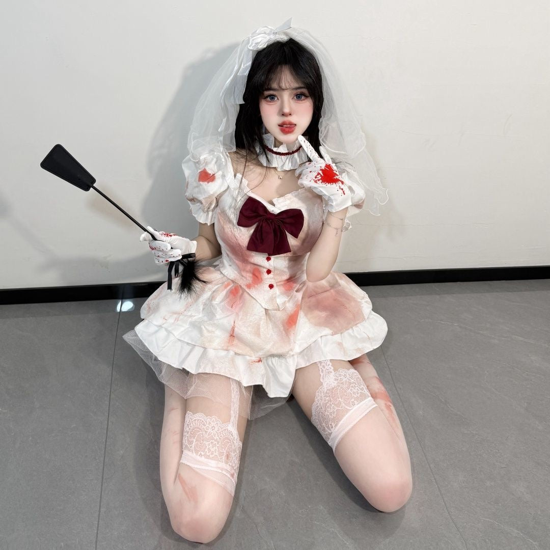 Bloody Bride Nurse 5-Piece Costume Set with Dress, Veil, Gloves, Stockings & Choker