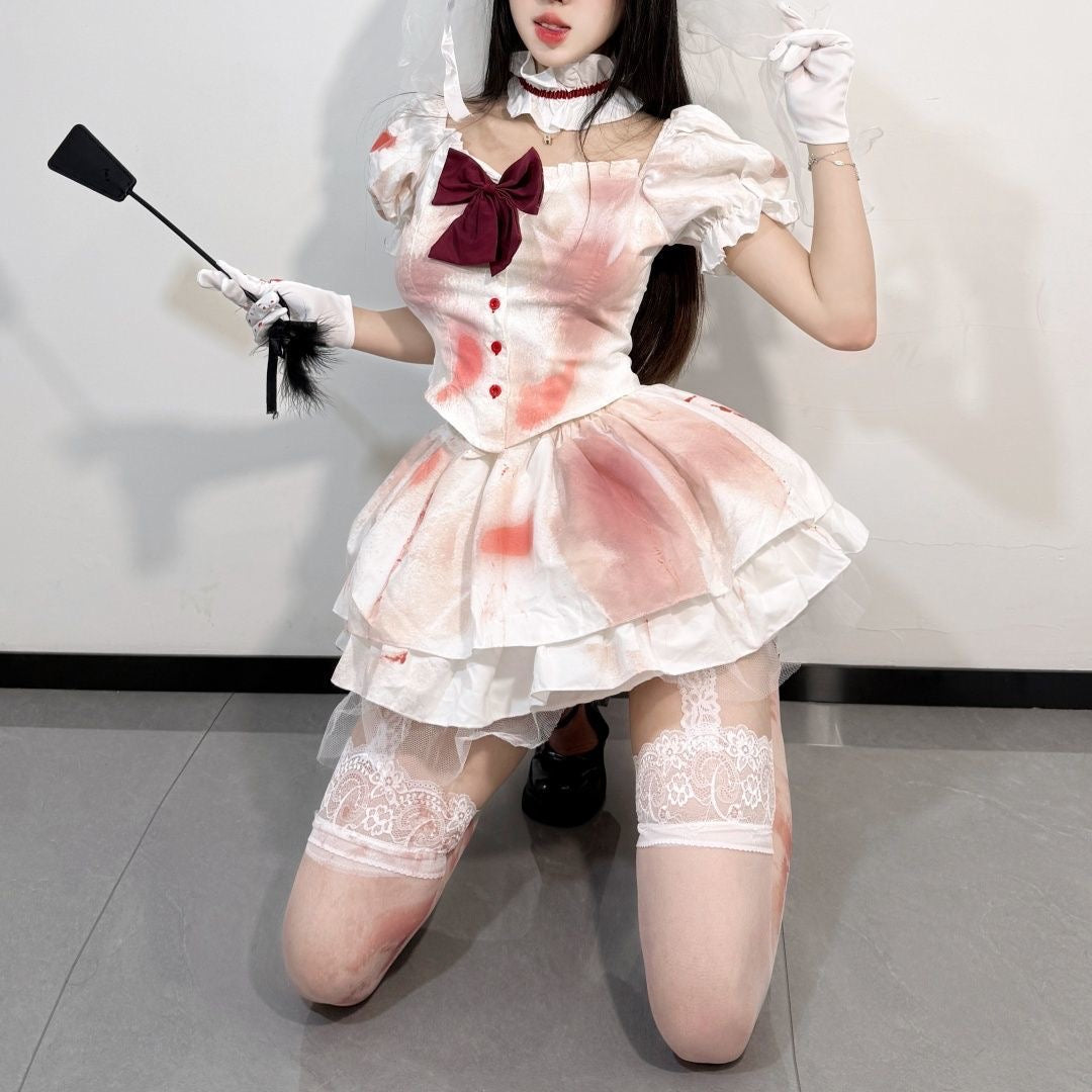 Bloody Bride Nurse 5-Piece Costume Set with Dress, Veil, Gloves, Stockings & Choker