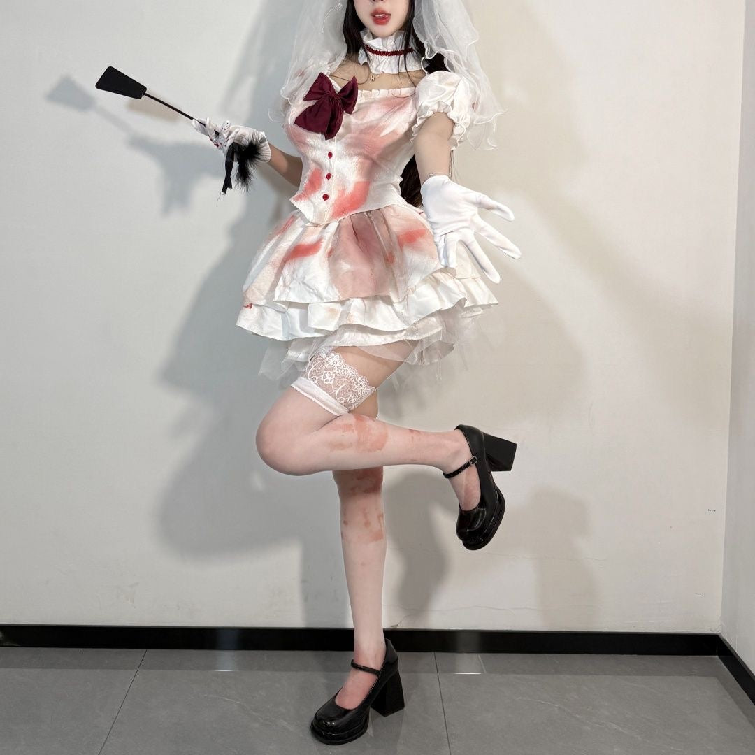 Bloody Bride Nurse 5-Piece Costume Set with Dress, Veil, Gloves, Stockings & Choker