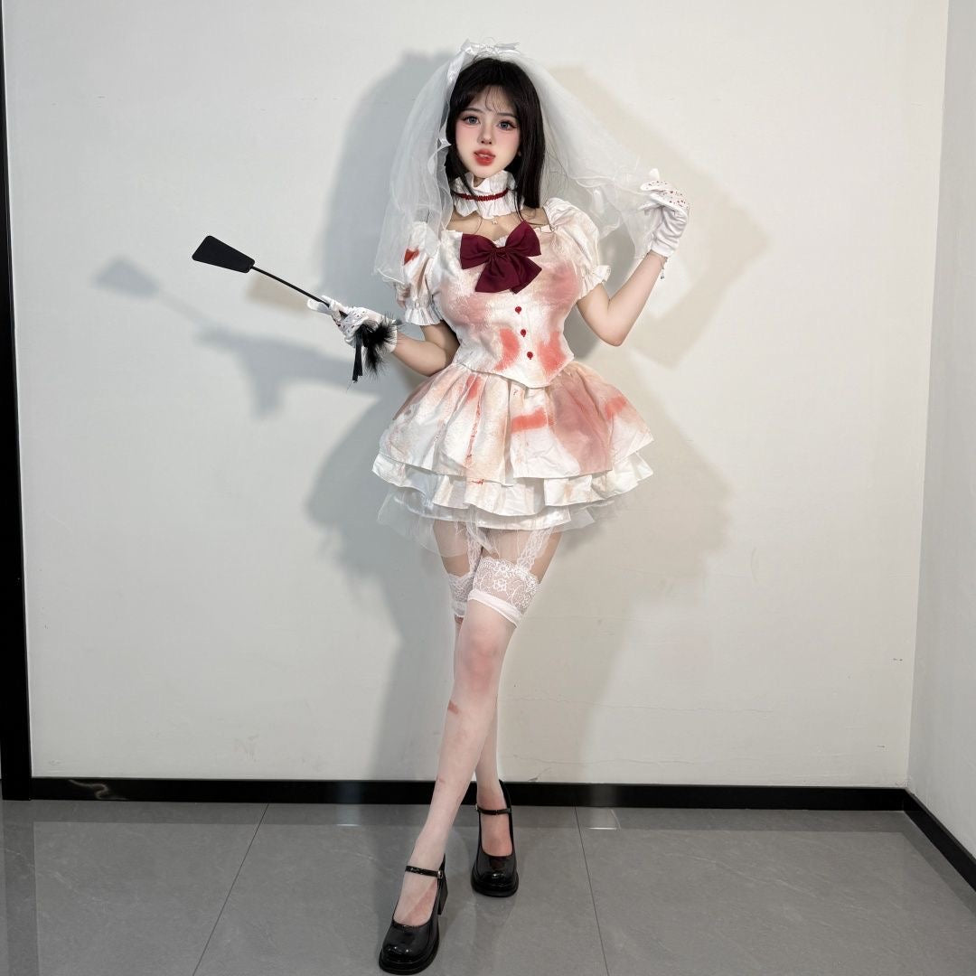 Bloody Bride Nurse 5-Piece Costume Set with Dress, Veil, Gloves, Stockings & Choker