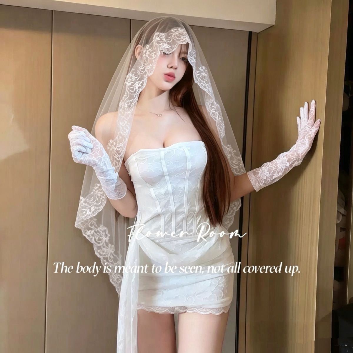 4-Piece White Bridal Costume Set – Dress, Lace Veil, Gloves & Stockings
