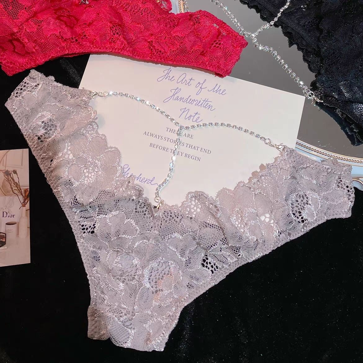 Women’s Lace Panty with Rhinestone Back Chain Detail
