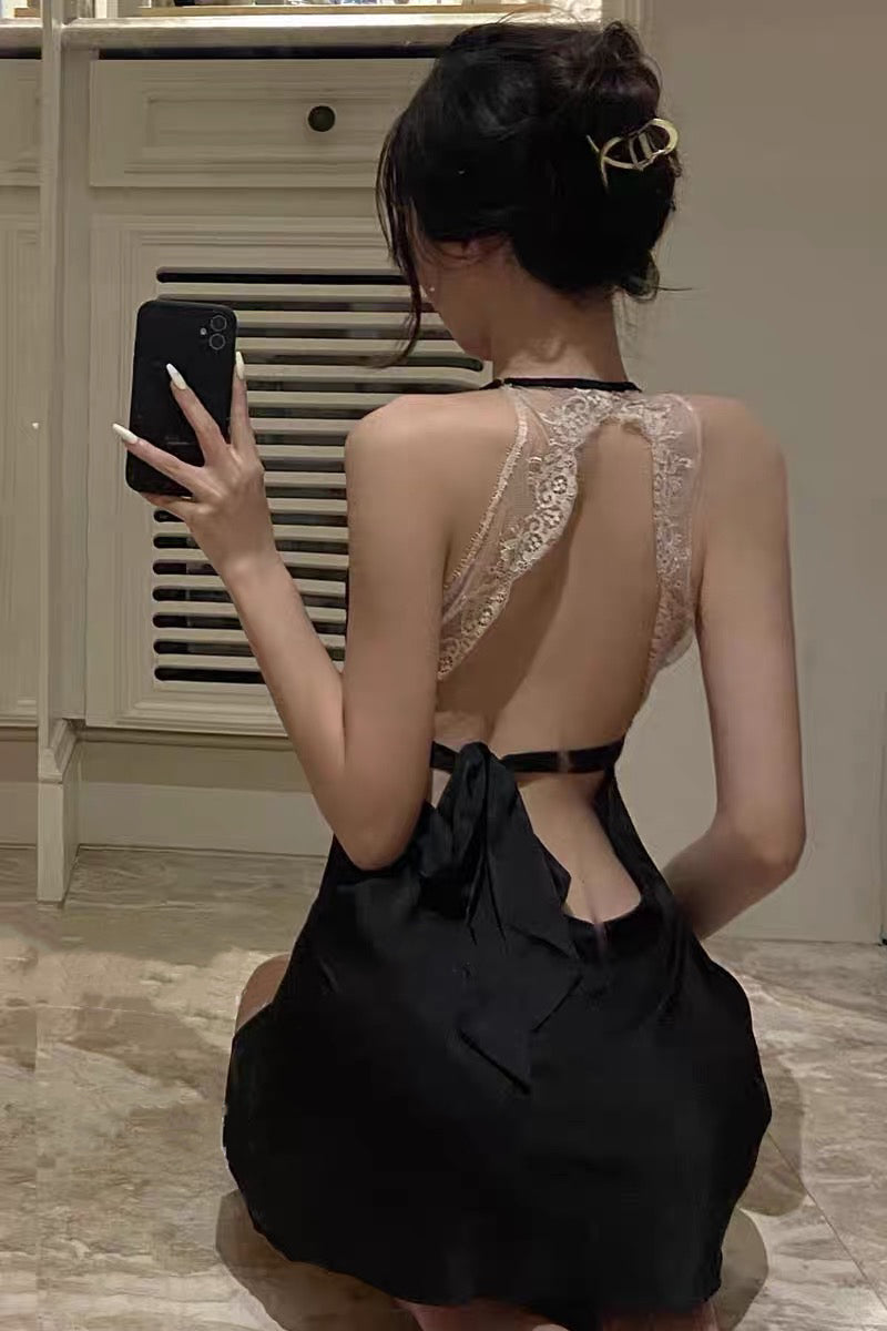 Cute Open Back Lace Silk Nightdress in Black, Pink