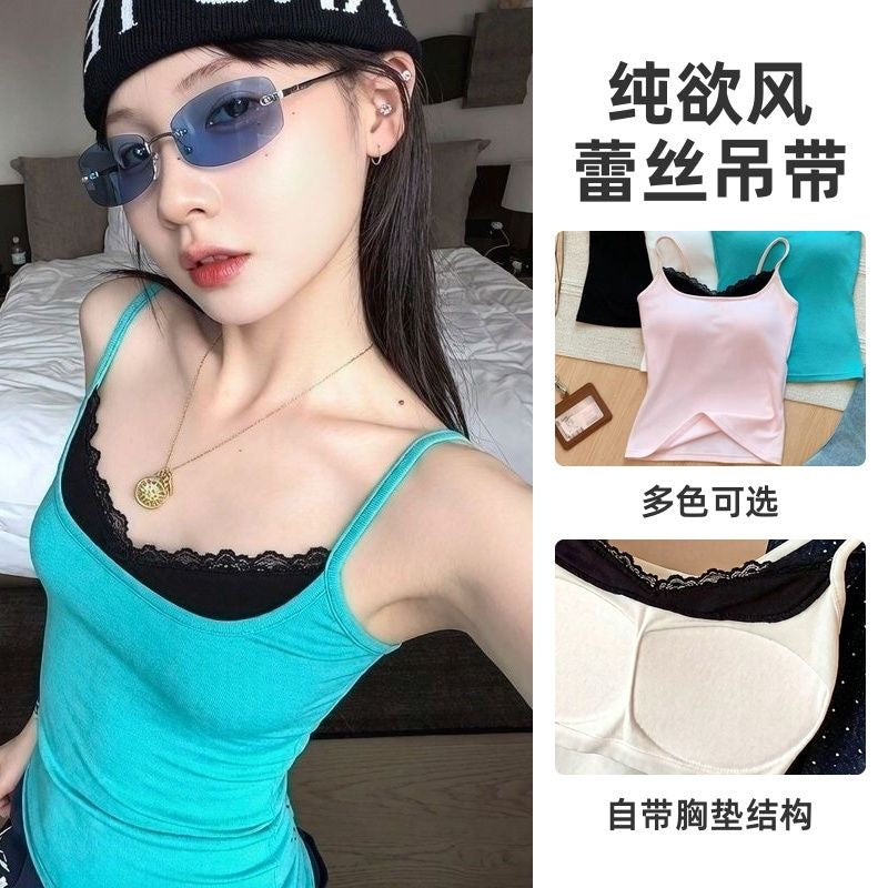 Padded Lace Neckline Fitted Tank Top