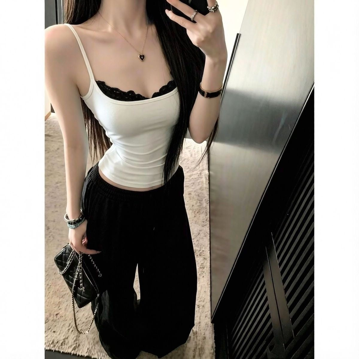 Padded Lace Neckline Fitted Tank Top