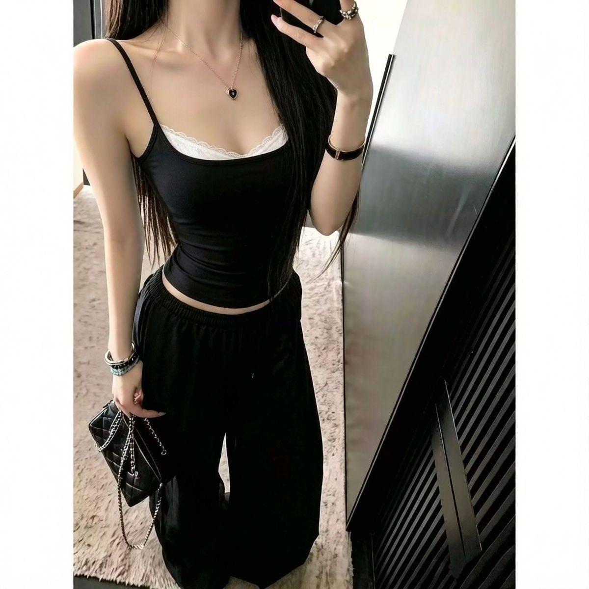Padded Lace Neckline Fitted Tank Top