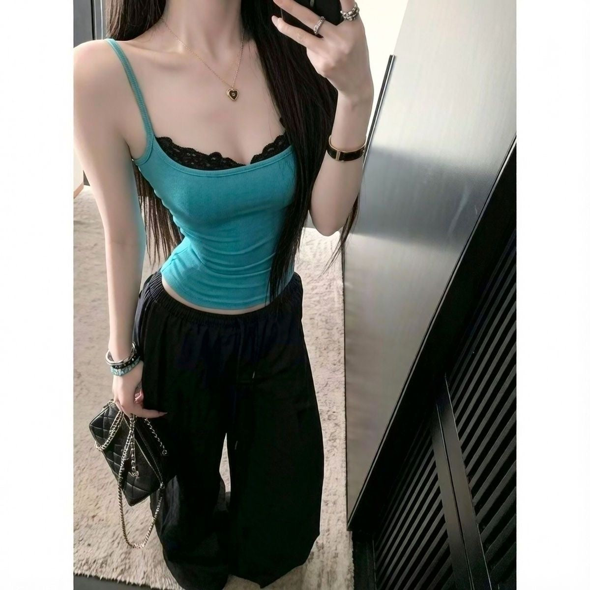 Padded Lace Neckline Fitted Tank Top