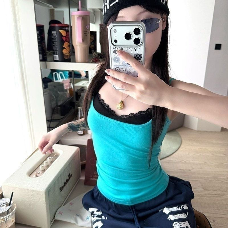 Padded Lace Neckline Fitted Tank Top