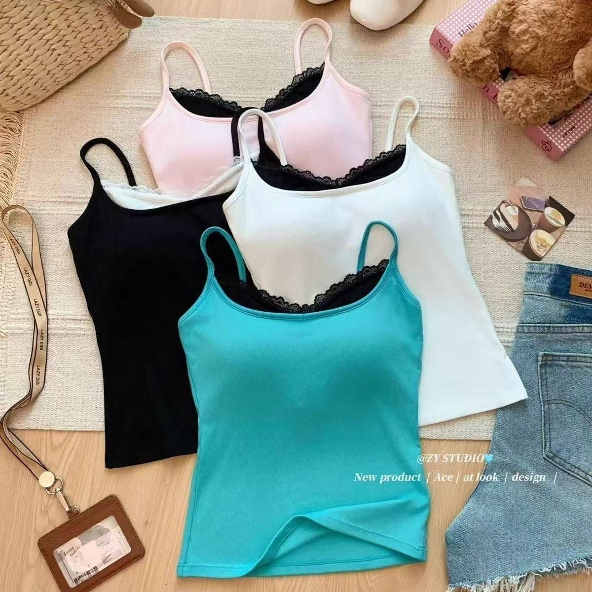 Padded Lace Neckline Fitted Tank Top