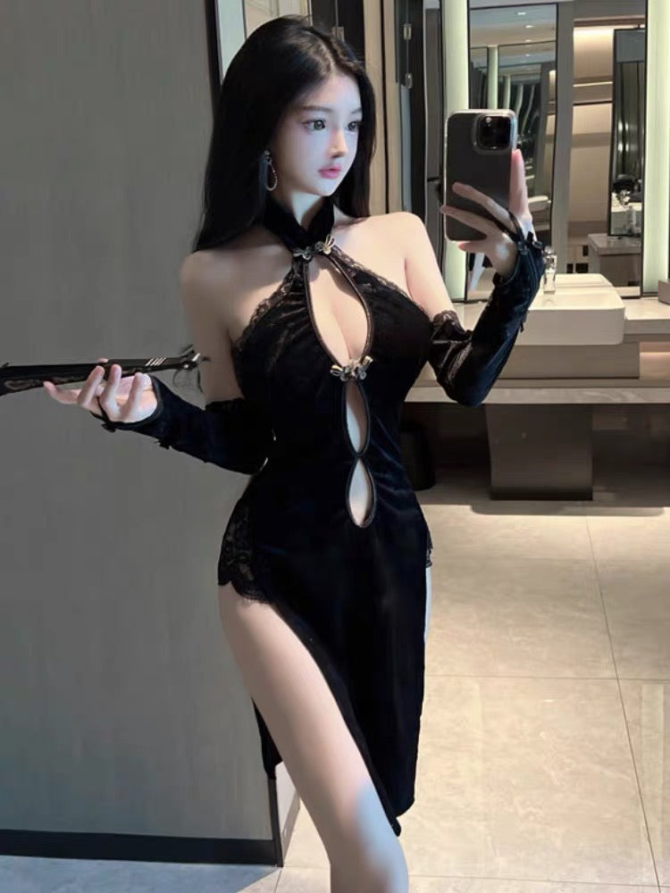 Full-body view of elegant black cheongsam