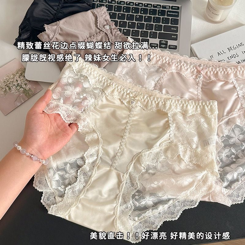 Satin Lace High-Waisted Panties – Elegant Floral Lace Briefs