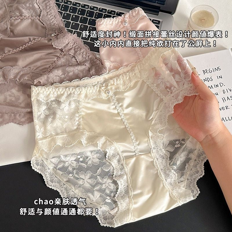 Satin Lace High-Waisted Panties – Elegant Floral Lace Briefs