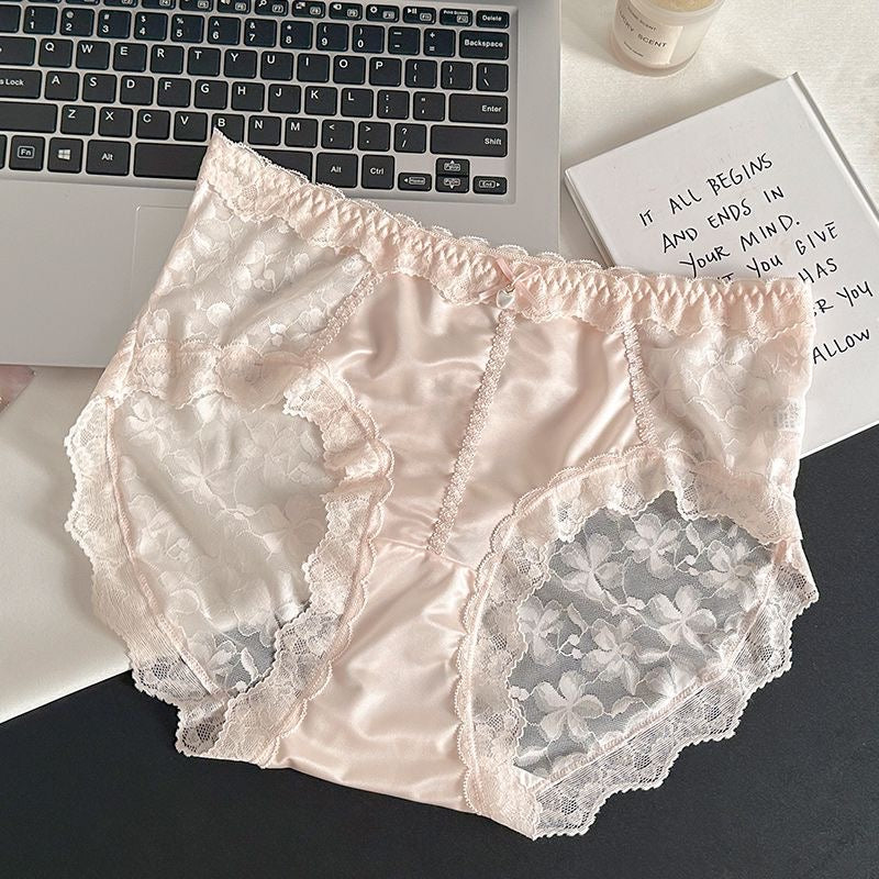 Satin Lace High-Waisted Panties – Elegant Floral Lace Briefs