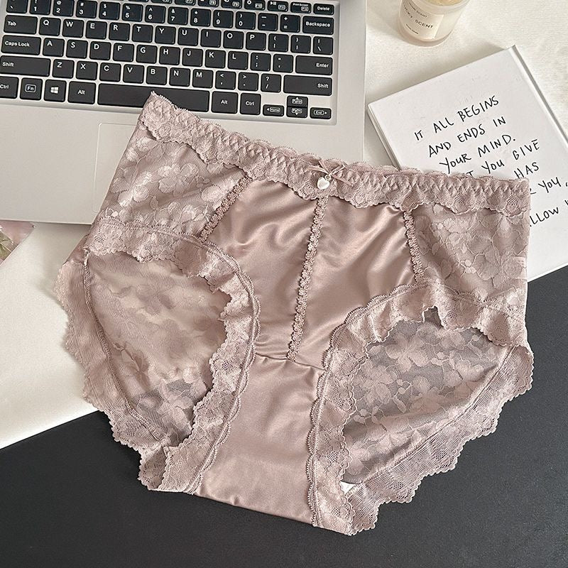 Satin Lace High-Waisted Panties – Elegant Floral Lace Briefs