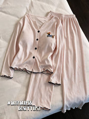 Cute Dog Embroidered Cotton Pajamas – Long Sleeve Lounge Set