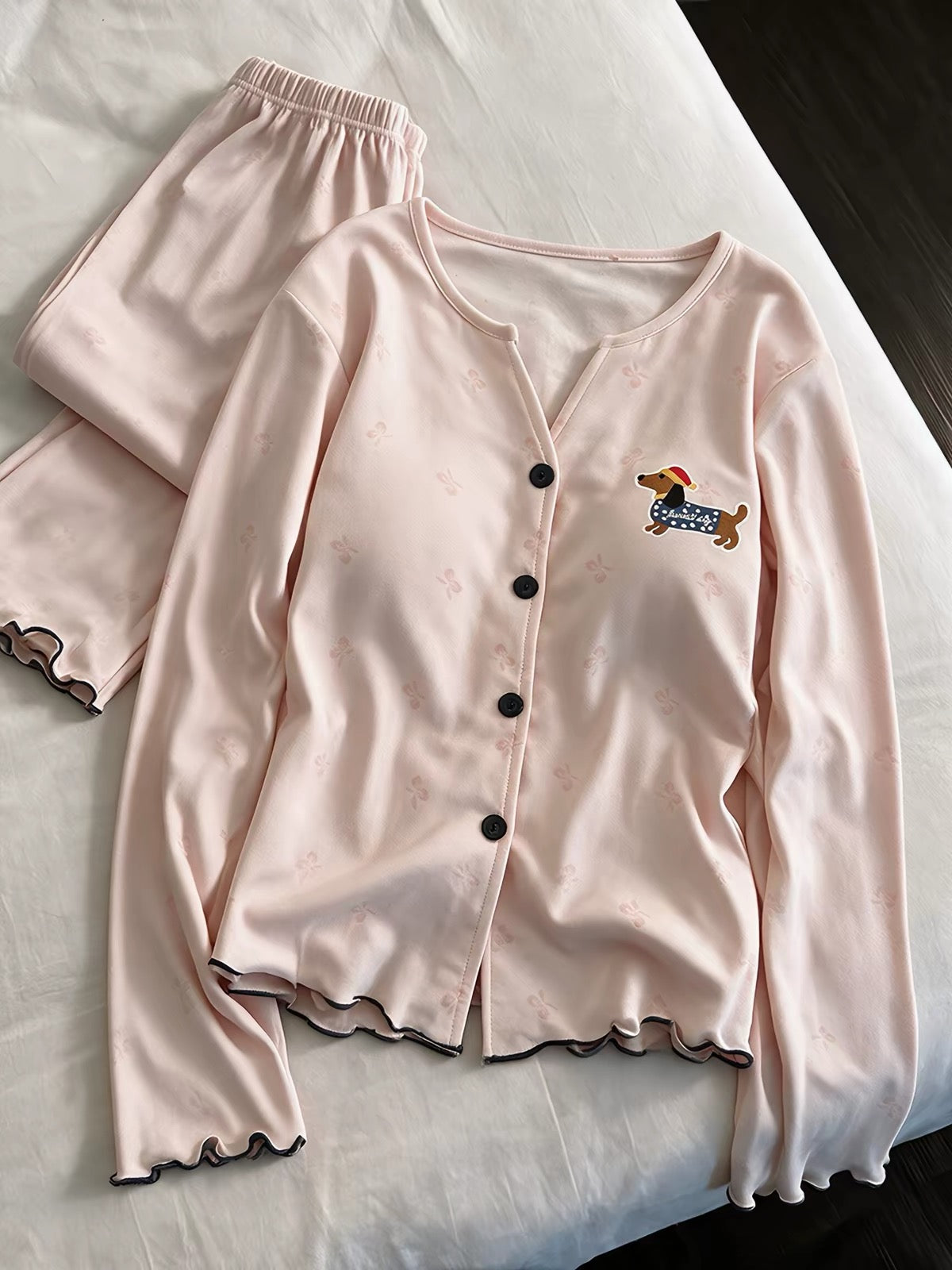 Cute Dog Embroidered Cotton Pajamas – Long Sleeve Lounge Set